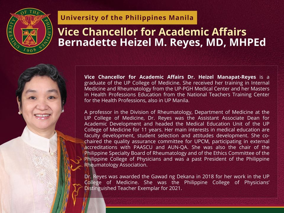 UPManilaOnline's tweet photo. UP Manila Vice Chancellor for Academic Affairs
Bernadette Heizel D. Manapat-Reyes, MD, MHPEd https://t.co/HloerUrpY8