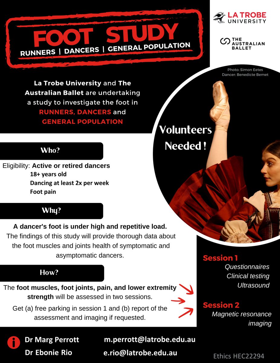 La Trobe SEMRC (@latrobesem) on Twitter photo Announcement: Dancer's we need you! If you:
✅ Dance x 2 per week?
✅ > 18 years of age?
✅ Have foot pain?
You may be eligible to participate!
All participants receive a FREE clinical assessment & MRI 🤩
Email 👉 e.rio@latrobe.edu.au to register your interest! Announcement: Dancer's we need you! If you:
✅ Dance x 2 per week?
✅ > 18 years of age?
✅ Have foot pain?
You may be eligible to participate!
All participants receive a FREE clinical assessment & MRI 🤩
Email 👉 e.rio@latrobe.edu.au to register your interest!