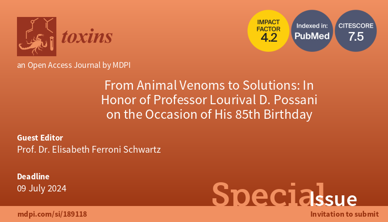 📢Check out our🆕Special Issue led by Prof. Elisabeth Ferroni Schwartz 
On the topic "From #Animal #Venoms to #Solutions: In Honor of Professor Lourival D. Possani on the Occasion of His 85th Birthday" 
▶️Do not hesitate to submit your work to: mdpi.com/si/189118