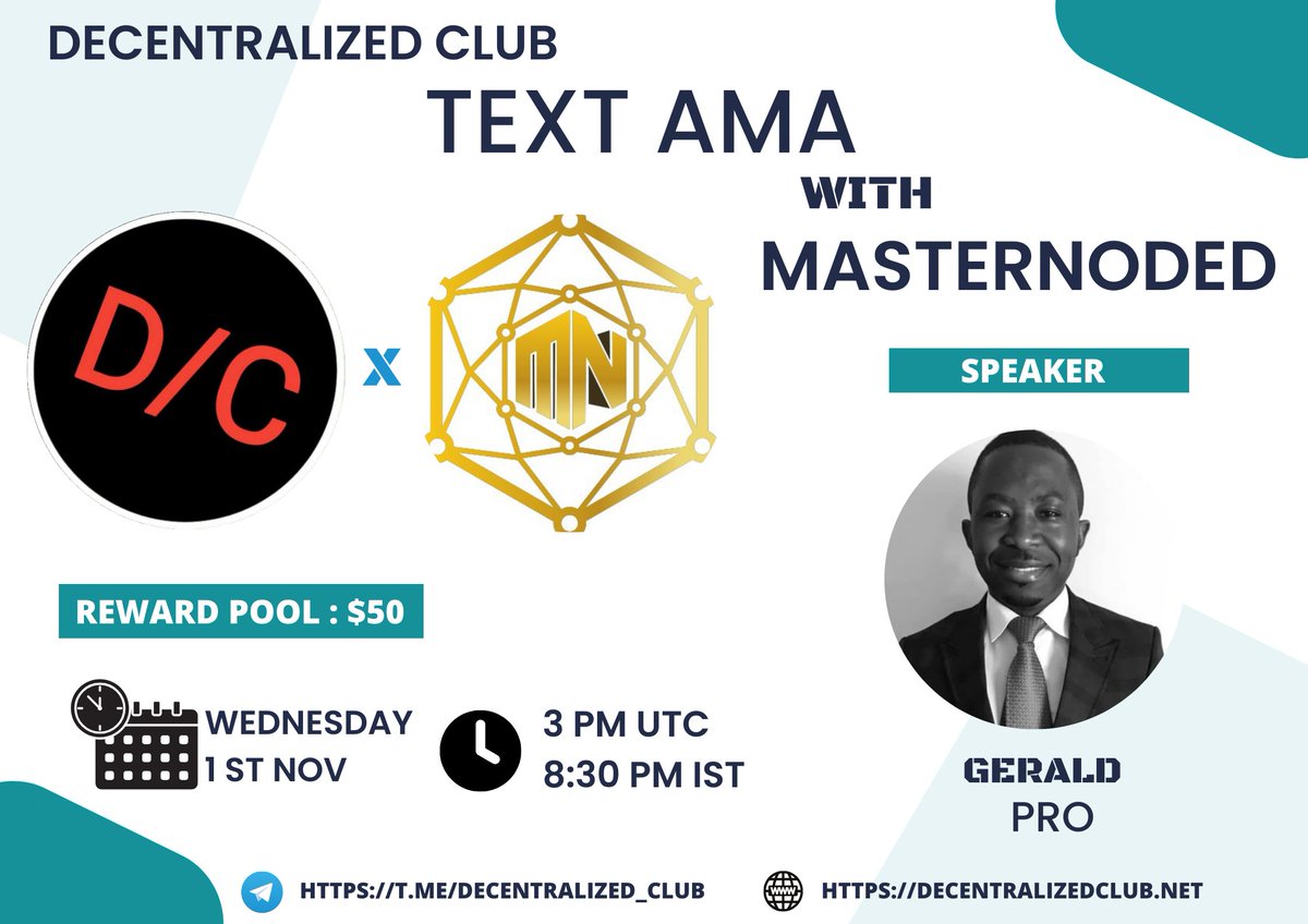 dens_club's tweet photo. DC Presenting an Text #AMA🎉

📌 Venue : https://t.co/UTG7EBNuUo
⏰ When : 1st November 3pm UTC 
🤑 Reward : $50

10 winners will get $5 each
Twitter (5) & Live asking (5)

1⃣ Follow @masternoded1
2⃣ Like & RT & Tag 3 Friends 
3⃣ Post your questions.

🚸 Must Join Masternoded & DC Telegram & Twitter before the AMA otherwise you wont be chosen as WINNER.

https://t.co/28Kkrs0n9H
https://t.co/UTG7EBNuUo
https://t.co/ME6WlEt3TP

Best of luck 🤞!

#Giveaway #Airdrops #DC #decentralized_club #NFT #NFTs #NFTgiveawas #Giveaways #Airdrop #AMAs #Crypto