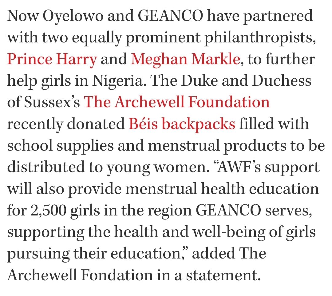 #DavidOyelowo Scholarship For Girls, partnered with the Duke and Duchess’ #ArchewellFoundation to provide students with school supplies and menstrual products.
...
I really love how #PrinceHarry & #MeghanMarkle are working, Quiet and WITHOUT TAXPAYERS MONEY. 

#ServiceIsUniversal