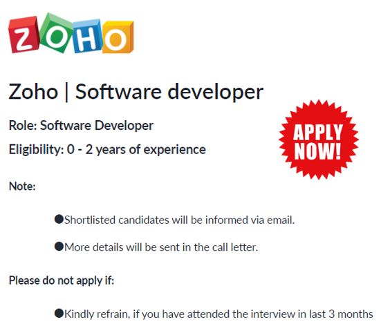Zoho Freshers Recruitment in November 2023 Job Role: Software developer ...
