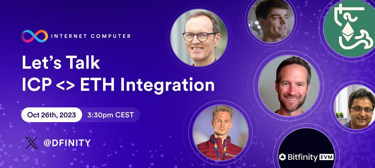 dfinity's tweet photo. The upcoming #ICP <> #ETH integration is hotting up!

@JanCamenisch @lomeshdutta and @manudrijvers uncovered a world of possibilities, from cross-chain exchanges to Ethereum-backed stablecoins. 🔗

Tune into the recording for more 👇 https://t.co/G9Z4hwuedR