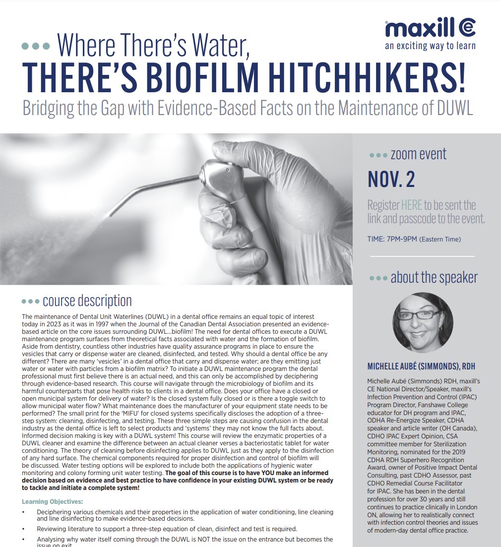 Sign up for our ONLINE CE happening tomorrow: "Where There's Water, THERE'S BIOFILM HITCHHIKERS  Bridging the Gap with Evidence-Based Facts on the Maintenance of DUWL"

rb.gy/3np2j
