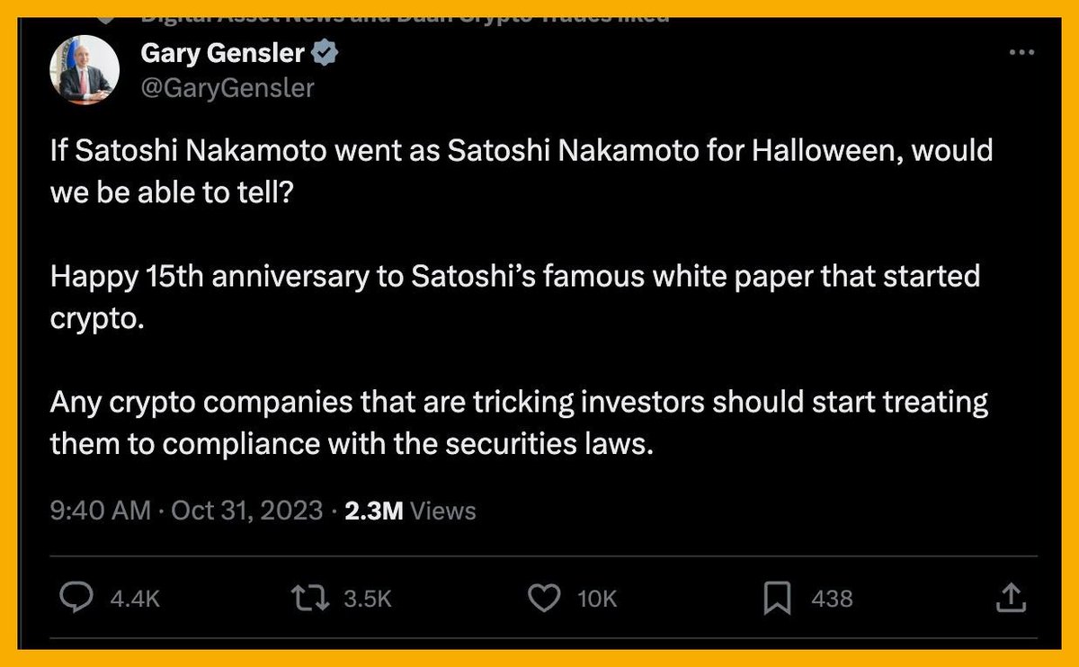 BeoNhatminh8386's tweet photo. SEC Chairman Gary Gensler celebrates the birthday 🎂 of the Bitcoin Whitepaper, but doesn't forget to remind crypto companies to comply with securities laws. 🤣📝 #BitcoinWhitepaper #CryptoRegulations #SECChairman https://t.co/L8a8NmTJQC