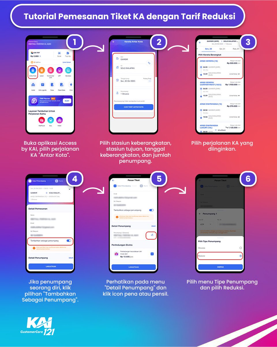 KAI121's tweet photo. Tutorial Klaim Reduksi di Access by KAI

Siapa nih yang bingung nyari kolom reduksi di aplikasi Access by KAI? Nah, sejak dilakukan revamp pada aplikasi KAI Access menjadi Access by KAI, ada sedikit perubahan dalam mendapatkan tarif reduksi nih, guys! Tapi tenang aja, Railmin kasih tutorialnya yaa!

Reduksi ini apa sih, Min? Reduksi adalah besaran tarif angkutan kereta api yang telah mendapatkan potongan harga dengan nilai tertentu, berdasarkan kebijakan KAI atau berdasarkan kerjasama antara perusahaan dengan suatu instansi/lembaga/organisasi.

#KAI121 
#TarifReduksi 
#AccessByKAI 
#AyoNaikKereta 
#KeretaApi