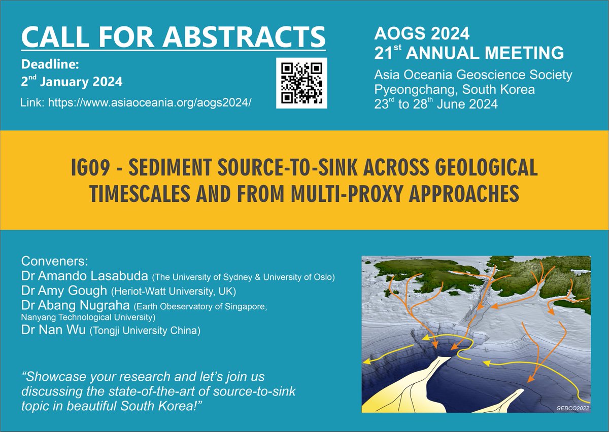 The Asia-Oceania Geosciences Society (AOGS) Annual Meeting 2024 will take place in South Korea in June 2024, and we can't wait for you to join us at meeting session IG09: Sediment Source-to-sink Across Geological Timescales and from Multi-proxy Approaches

asiaoceania.org/aogs2024/publi…