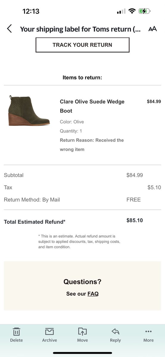 amycargiulo's tweet photo. @TOMSsupport 
I was double charged for an order and had to return one of the pairs of boots that I didn’t order.  I was given a free return but was still charged tax.  This was not something I ordered and should not have to pay the tax. Please advise https://t.co/L3ekrxyaqC