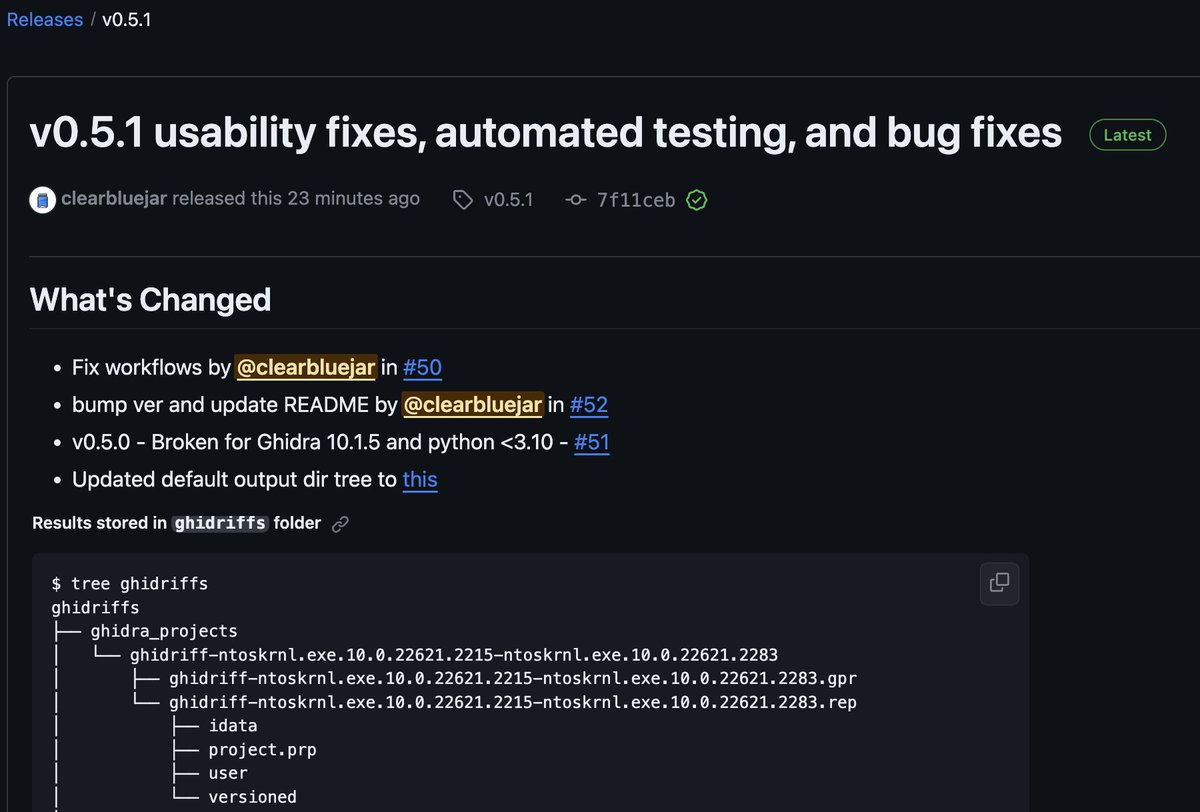 ghidriff v0.5.1 - usability updates, improved automated testing , and bug fixes 🪲

- github workflows now test a matrix of devcontainers across versions of python, Ghidra, and Java 🔥

github.com/clearbluejar/g…

#patchdiffing #ghidra #githubactions