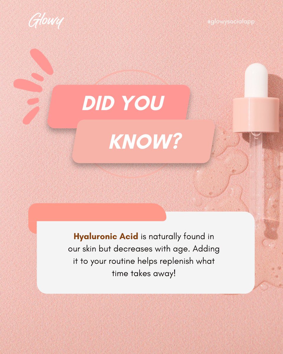 GlowySocialApp's tweet photo. Haven't heard of Hyaluronic Acid? It's like magic for your skin! ✨ 

Why add it to your routine? 

💧 Benefits: 

Hydration Boost 
Wrinkle Smoothing 
Glowing Complexion 
Share your thoughts below or drop a 💙 if you're already a fan! 🌈 

#GlowyApp #SkincareMagic #HyaluronicHero https://t.co/bM53o6cPOd