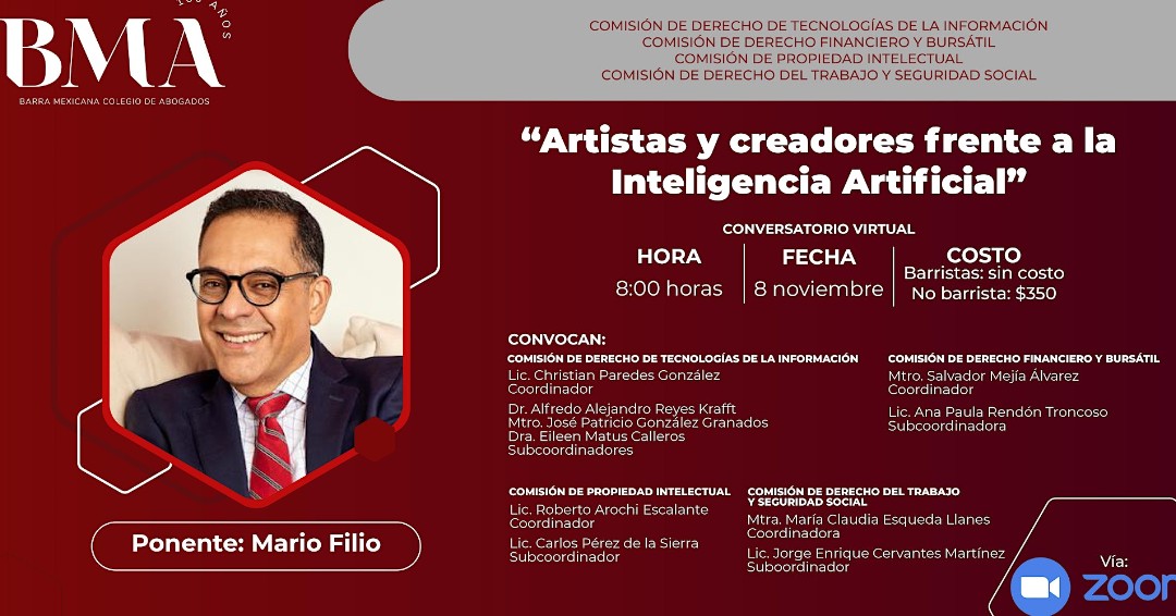 BMA_Abogados's tweet photo. Asiste a la conferencia: "Artistas y creadores frente a la #InteligenciaArtificial ".
👤Mario Filio

🗓8 de noviembre
⏰ 8:00 h.
💻Vía #Zoom

✉️ barramexicana@bma.org.mx
📞 55-5208-3115 https://t.co/TmCz8wguWl
