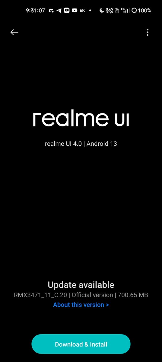 TechKard's tweet photo. Received new software update in my Realme 9 Pro 5G.
Update size : 700MB
● Integrates the October 2023 Android security patch.
System
● Improved system performance.
● Fixed some known issues to improve system stability.
#Realme #Realme9Pro #Realme9Pro5G .@realmeIndia https://t.co/p9YTiOzyaL