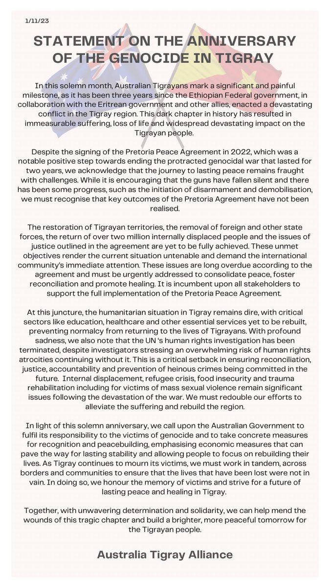 Three years after the genocide in #Tigray began, the journey to lasting peace continues. We urge the international community to support the full implementation of the Pretoria Peace Agreement. Let's work together for peace, reconciliation and healing in #Tigray. 

#TigrayGenocide