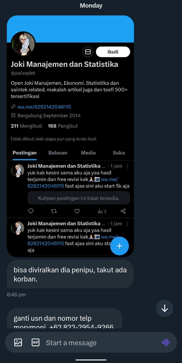polisizonauang's tweet photo. Usn lama nya @paixqdet @morymoni Dari yg aku tau dia udah banyak nipu &amp; sekarang masih aktif, ganti username dan nomor wa berkali² usn nya sekarang @mvandarin  #zonauang joki tugas penipu https://t.co/2YUOuU4Y8s