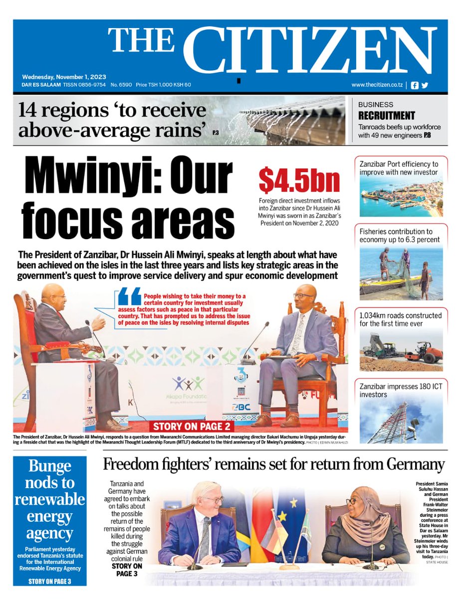 TheCitizenTz's tweet photo. Top headlines this Wednesday, November 01,  2023.

Grab a copy of TheCitizen at any newsstand or online via:

PlayStore - https://t.co/o11qwn5rWj 
App store - https://t.co/5FLhkXNoqP 

Website -epaper.nation.africa/tz
 https://t.co/HKGroi7sW7

#TheCitizenNews
#empoweringthenation https://t.co/PVQZK29XN6