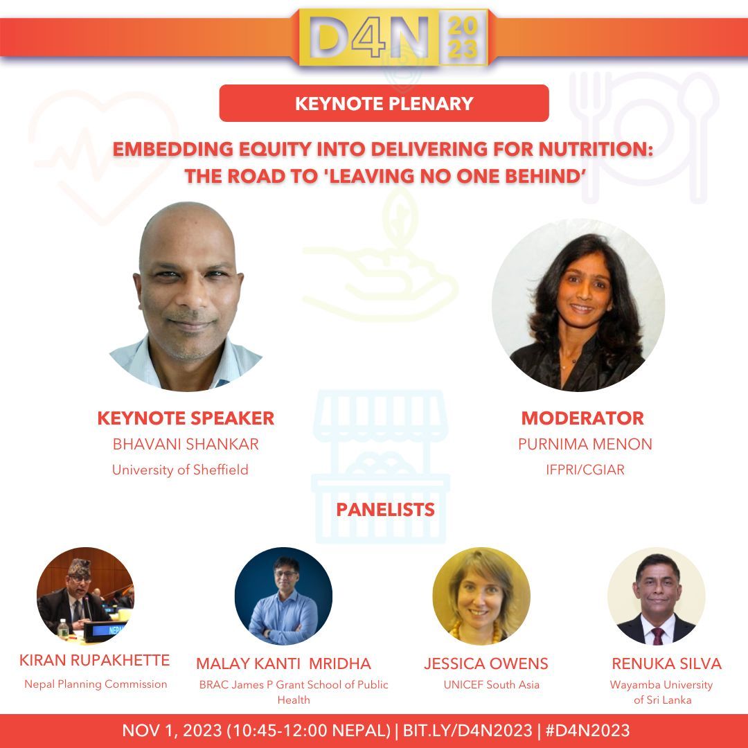 📢In 15 min join this #D4N2023's Plenary

Drawing from @hlpe_cfs work, @Bhavani1Shankar @PMenonIFPRI @RenukaSilva1 & others will discuss how to embed #equity into 'Delivering for Nutrition'💪🏾🌾 
 
#ReducingInequalities @UNICEFROSA 

Join the live session👉🏽 buff.ly/3FZ7Pk9