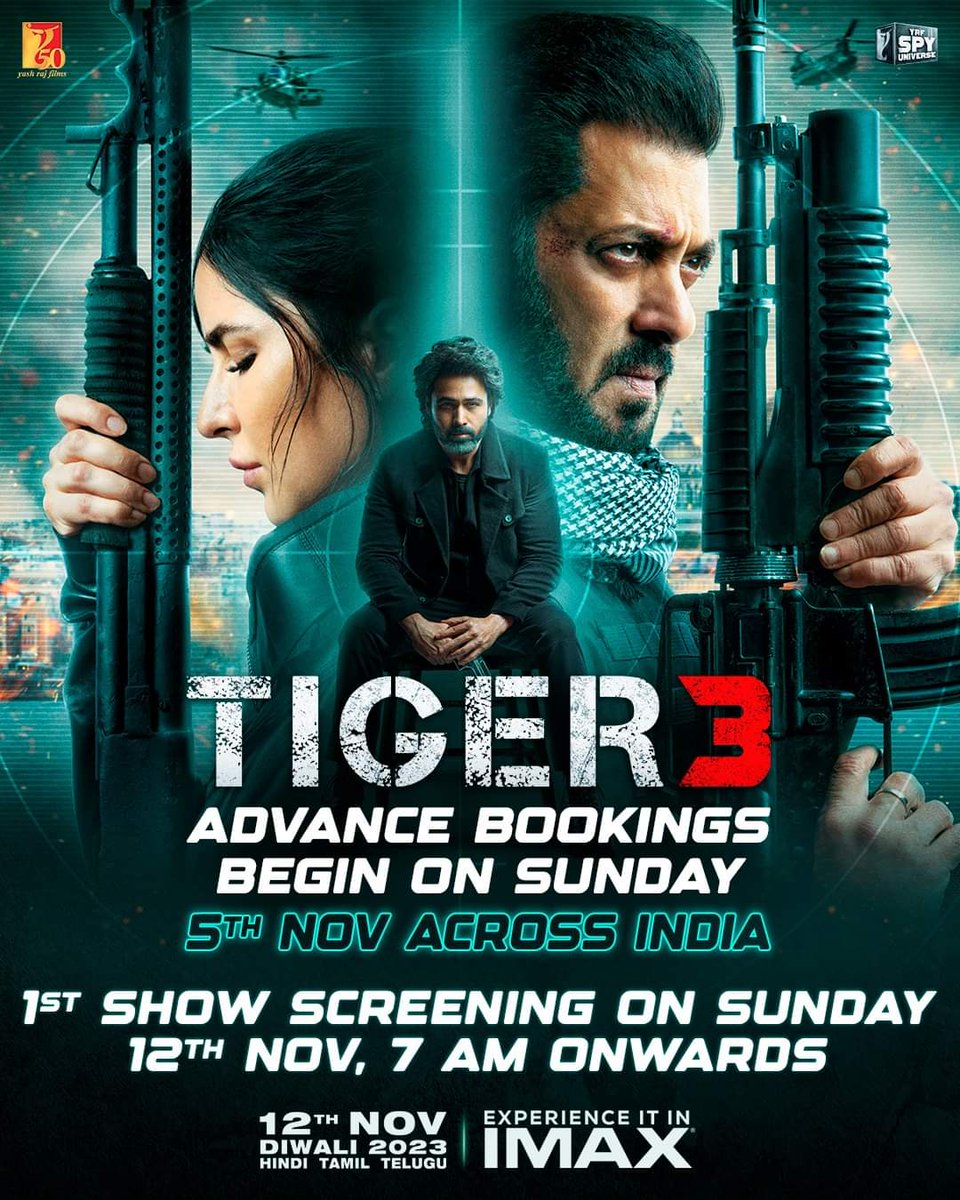 Due to Unprecedented Craze, #YashRajFilms has decided to start 7 AM SHOWS for #Tiger3 across the country 🇮🇳

The movie will release across Premium Formats like: 2D, IMAX 2D, 4DX 2D, PVR P[XL], DBOX, ICE, 4DE Motion!!

Advance Booking starts on NOV 5