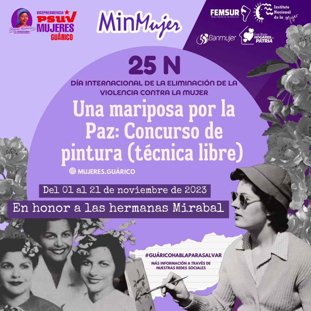 En la ruta de la mujer venezolana, iniciamos el mes violeta con el concurso de pintura #UnaMariposaPorLaPaz #GuaricoHablaParaSalvar @NicolasMaduro @delcyrodriguezv @d_guzmanl @josemvasquez @TarekWiliamSaab @VillegasPoljak @EMAYELA @freddyalig @MinMujerVe @VpPsuvMujeres