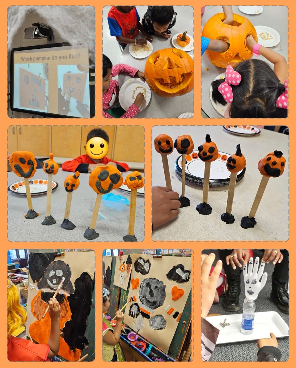MsSelvin's tweet photo. A fun filled day of enjoying each other’s costumes, carving our class pumpkin, counting seeds, recreating Five Little Pumpkins Sitting on a Gate, spooky paintings, and a goofy ghost glove experiment 👻 @crescent_town https://t.co/4lUD0VDbuy