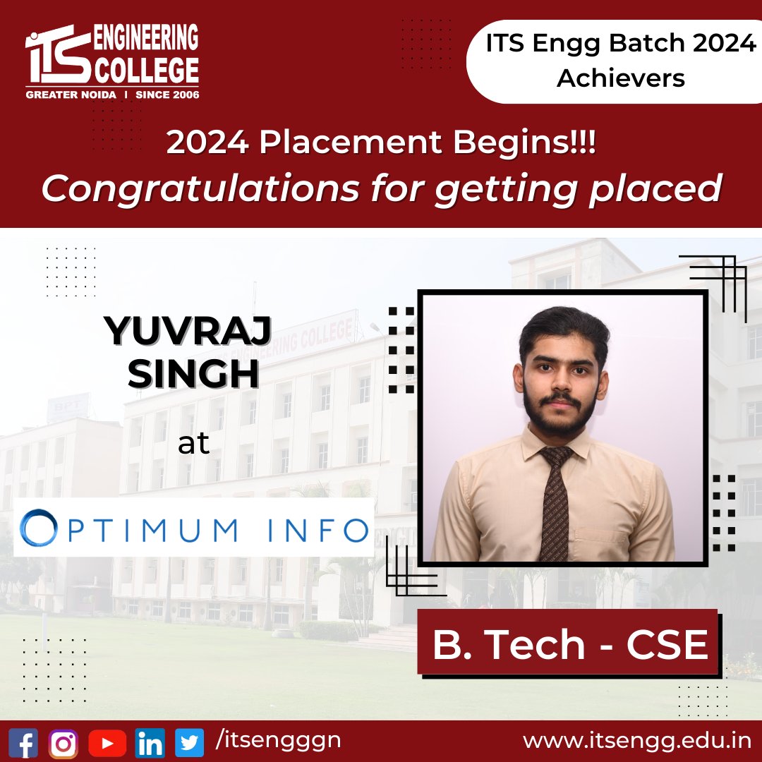 ITSEngggn's tweet image. Congratulations! 🌟
It is a pleasure to announce that student of the #BtechCSE 2024 - YUVRAJ SINGH, has been successfully placed in "OPTIMUM INFO". ITS Engineering College offers their heartiest #Congratulations for their achievement.
#ITSEC #itsengg #jobPlacement #itseng #btech