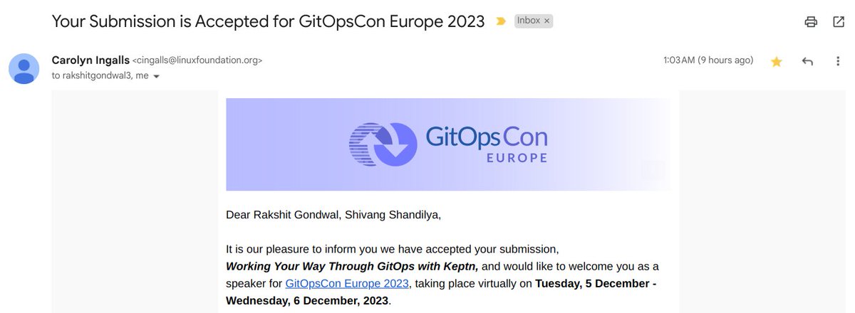 I'll be speaking at GitOpsCon 2023 Europe (virtual) alongside @RakshitGondwal 🙌

We'll speak on the topic:
Working Your Way Through GitOps with Keptn🚀

Really pumped for this😁