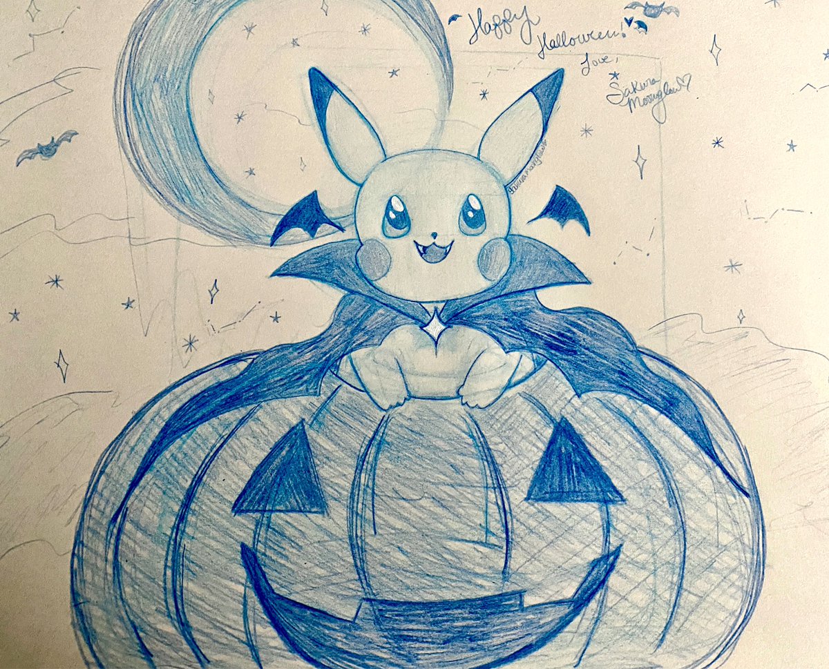 I hope everyone had a wonderful Halloween. ^ - ^ My computer has been having problems, so I used my trusty blue pencil to sketch a vampire pikachu really quick.🦇Love y’all and hope to be more active when irl stuff calms down and mental health is a bit better. 💜