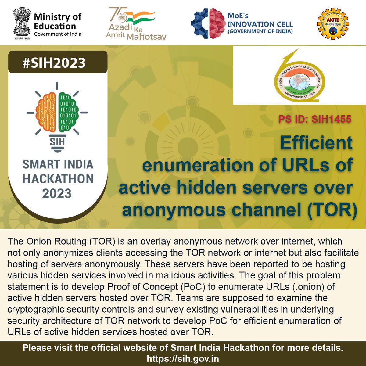 SIH2025's tweet photo. How can we enhance security and identify active hidden servers on the TOR network while respecting privacy and anonymity? #sih #sih2023 #aicte #innovation #innovationseatmanirbharbharat #TORSecurity #AnonymityTech https://t.co/7tTnDHXUsK