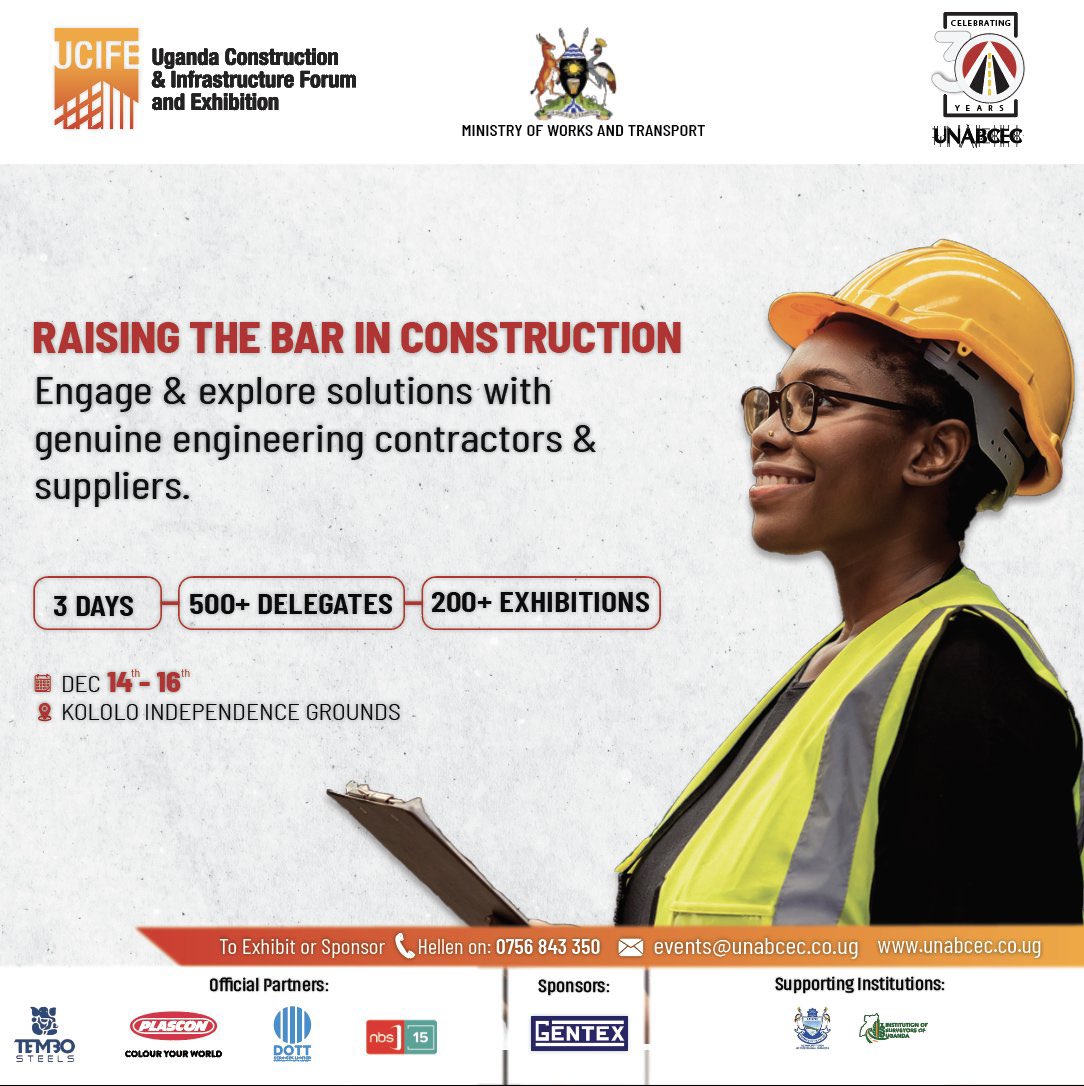 The Uganda Construction and Infrastructure forum and exhibition coming your way 

Don’t miss this one.
Organized by @UNABCEC_UG