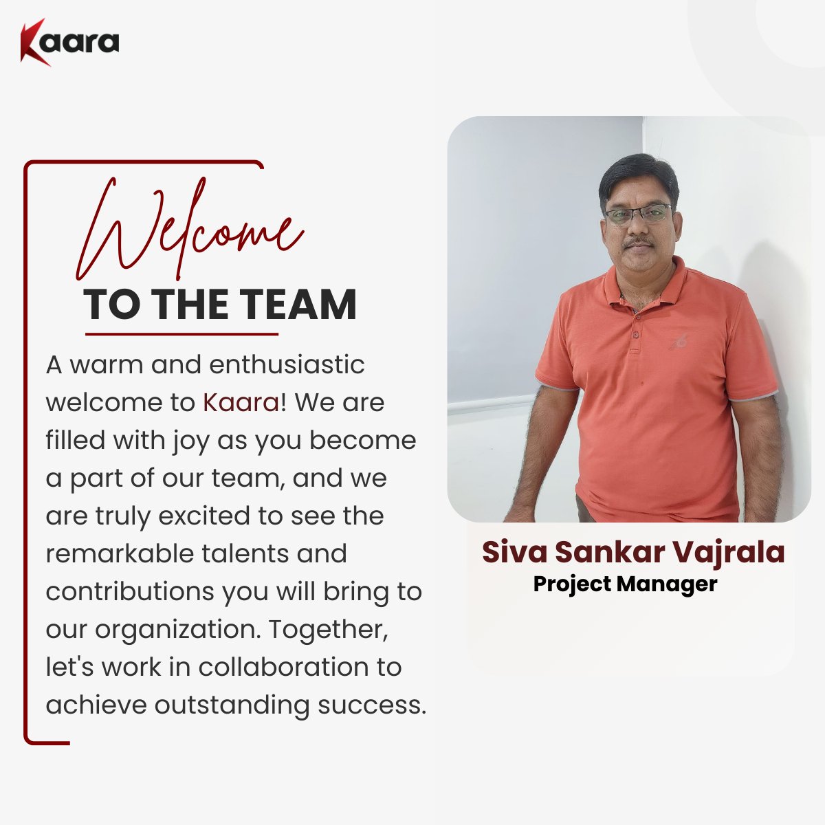 KaaraTech's tweet photo. We're excited to announce #Siva_Vajrala as the new addition of the #Kaara family! We're delighted to have Siva on board and can't wait to embark on this exciting journey together! Welcome Aboard.

#welcometotheoffice #welcometoourteam #newemployee #lifeatkaara #kaaratech https://t.co/xHyol7qY18