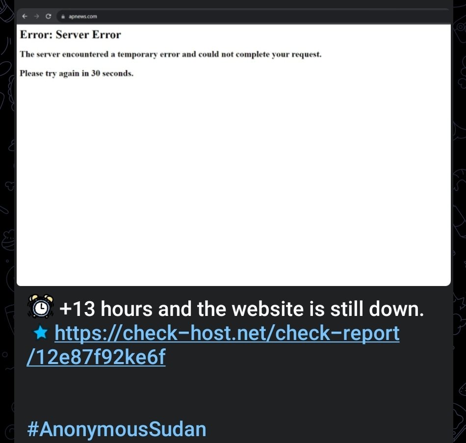 Cyberknow20's tweet photo. Associated press news website is still having issues after a claimed Anonymous Sudan ddos attack some hours ago.

Would be the groups longest sustained attack in some time.

#cybersecurity #infosec #IsraelHamasWar https://t.co/4wrJZeKhvS