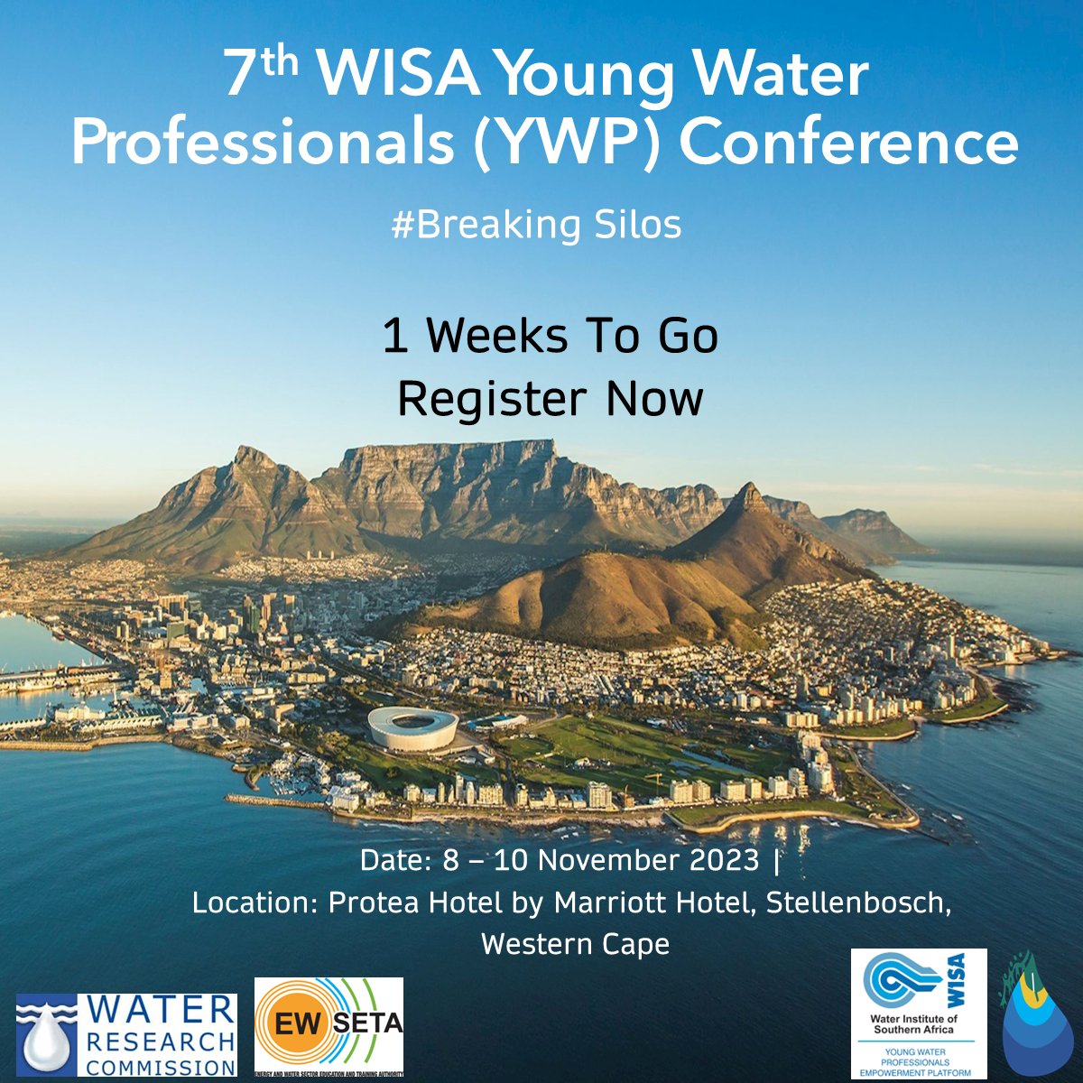 📣 We have 1 week to go to the 7th WISA Young Water Professionals (YWP) Conference!!! #Breaking Silos

Register here: lnkd.in/dsKS-wvs
For more details visit our conference page: lnkd.in/dw9_k94Z

<a href="/YWPZA/">Young Water Professionals South Africa</a> <a href="/WaterInstSA/">@WaterInstituteSA</a> <a href="/WaterResearchSA/">WRC</a> <a href="/ewseta/">EWSETA</a>