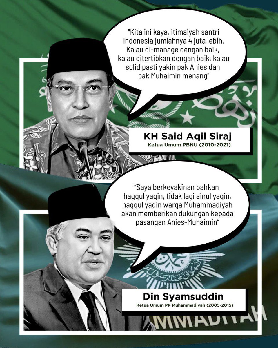 Yakin AMIN <a href="/aniesbaswedan/">Anies Rasyid Baswedan</a> <a href="/cakimiNOW/">A Muhaimin Iskandar</a> menang! Ayo para santri bersatu, NU-Muhammadiyah sudah setuju memenangkan AMIN!

Kiai Said Aqil Siraj dan KH Muhammad Sirajuddin Syamsuddin sudah tau track record Mas Anies dan Gus Imin sebagai pemersatu agama, pemersatu bangsa! 🇮🇩

Pokoknya