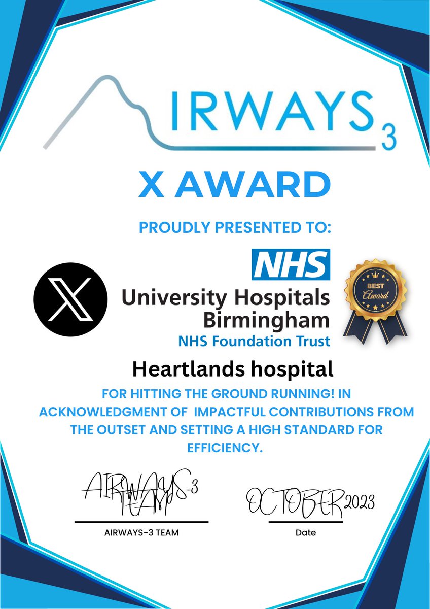Airways_3's tweet image. Congratulations to @uhbtrust, Heartlands Hospital for receiving the #AIRWAYS3 October Twitter Award for 'Hitting the Ground Running'! Acknowledging their remarkable efficiency and immediate trial impact.🏥🌟 #HealthcareHeroes #clinicaltrials