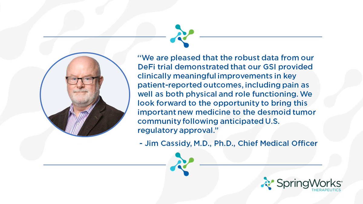 Tomorrow at #CTOS2023, we will be presenting functional status data from the Phase 3 DeFi trial, which evaluated our investigational gamma secretase inhibitor (GSI) in adults with #DesmoidTumors. Read more: ir.springworkstx.com/news-releases/…