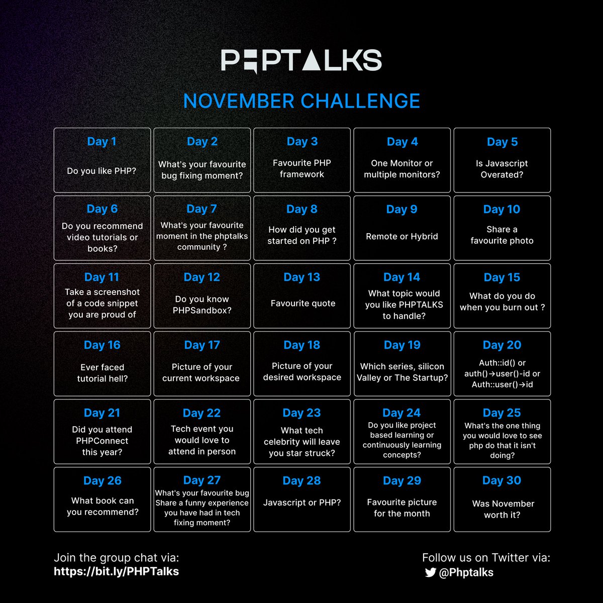 PhpTalks's tweet photo. It’s November!

Quote this tweet with the response you have each day.
Let’s the fun begin💃🏻💃🏻💃🏻 https://t.co/zhCGArLKza