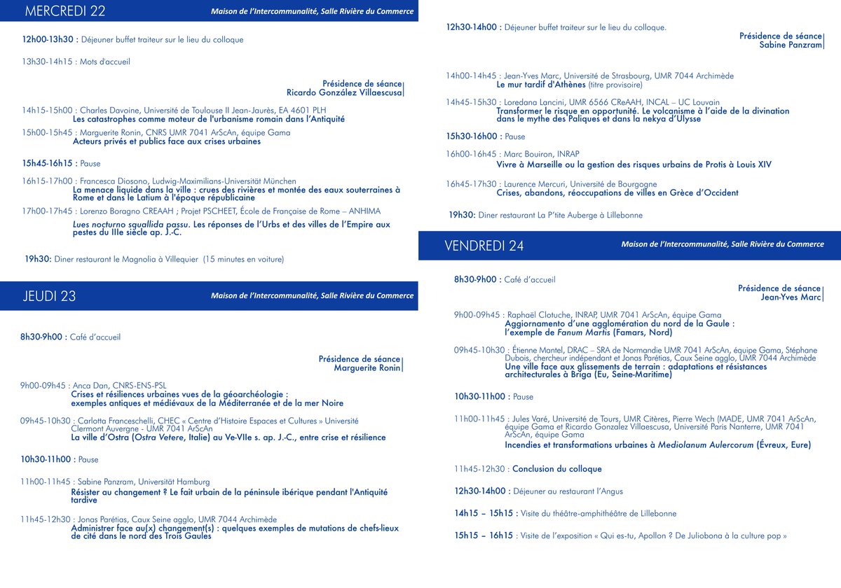 📅 [Colloque] Crises et résiliences urbaines. Vivre avec les risques dans les villes, de l’Antiquité au Moyen Âge, Lillebonne, Maison de l’intercommunalité, 22-24 novembre 2023. Org. : R. González-Villaescusa, J. Parétias et M. Ronin
#archéologie
civeur.parisnanterre.fr/crises-et-resi…