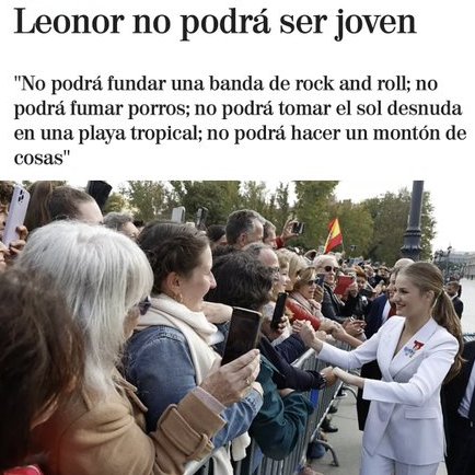 EscritorJCamara's tweet photo. Leonor no podrá repartir comida o publicidad por una miseria, o ser explotada en un bar mientras cursa una carrera que no le servirá de nada por no poder pagarse el master. Tampoco cobrará menos por ser mujer.
Eso sí, vivirá a cuerpo de reina no electa y lo pagaremos entre tod@s. https://t.co/ZtX5paxOkJ