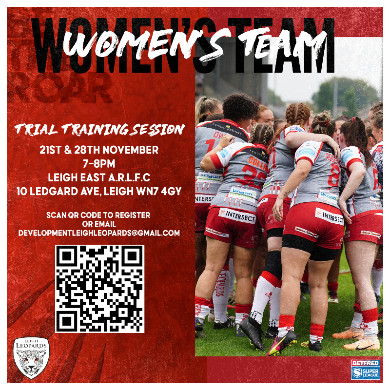 LeighLeopardsRL's tweet photo. 𝗪𝗢𝗠𝗘𝗡'𝗦 𝗧𝗘𝗔𝗠 𝗧𝗥𝗜𝗔𝗟 𝗧𝗥𝗔𝗜𝗡𝗜𝗡𝗚 𝗦𝗘𝗦𝗦𝗜𝗢𝗡𝗦

Your chance to join @MaireadQuinn95 &amp; the Leigh Leopards Women's team as they make their push for promotion next season.

Tap below for details.