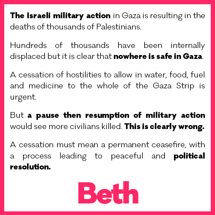 BethWinterCynon's tweet photo. A pause then resumption of military action would see more civilians killed. This is clearly wrong.

A cessation must mean a permanent ceasefire, with a process leading to peaceful and political resolution.

#Gaza #CeasefireNOW https://t.co/PXZxhUYIJh