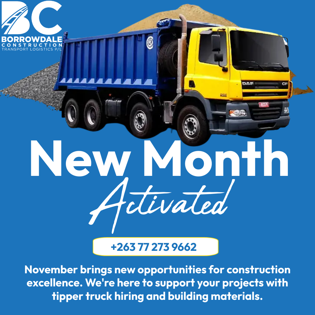 Borrowdale_Con's tweet photo. 🎉 Happy New Month! 🏗️✨

November is filled with opportunities for construction excellence. Count on us for tipper truck hiring and quality building materials. 

#HappyNewMonth #ConstructionExcellence https://t.co/r2N40D1I00