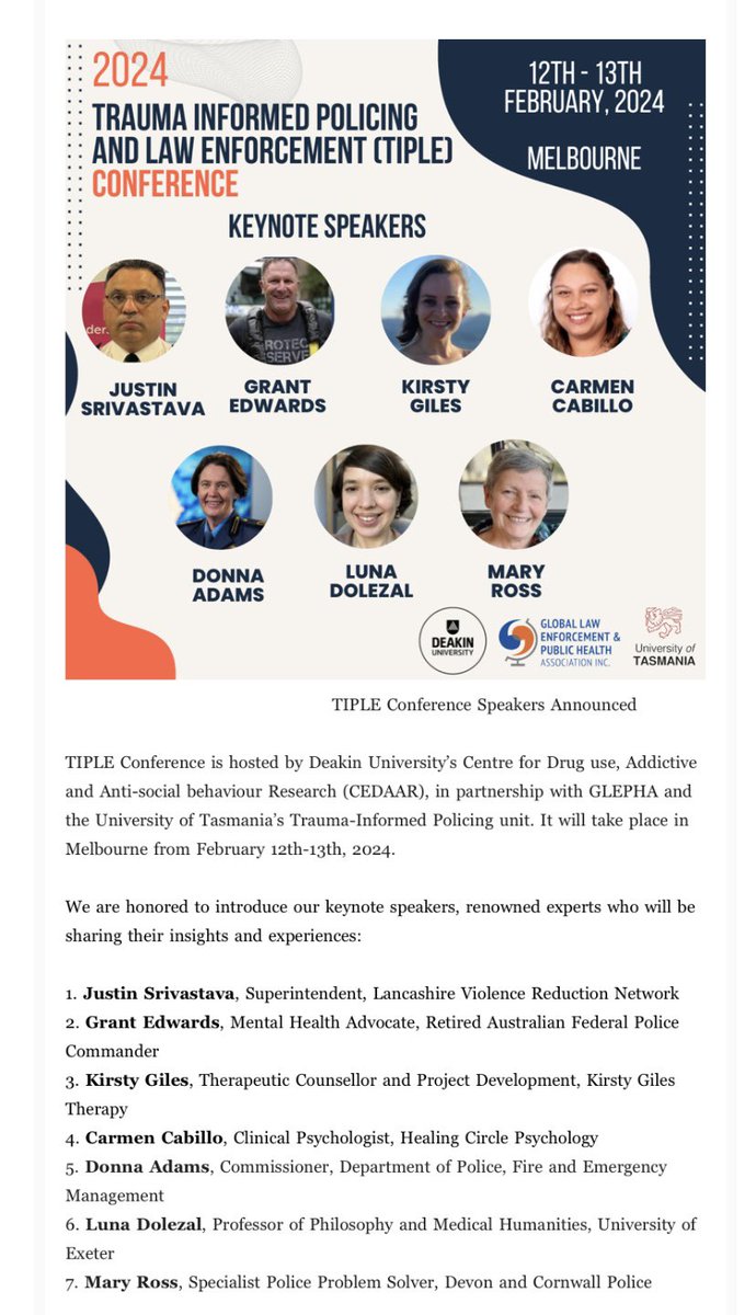 Very excited to be presenting alongside some amazing humans at this conference in Melbourne <a href="/GLEPHAssoc/">GLEPHA</a> 
Our journey with trauma-informed policing and the law continues here in Scotland and I’m looking forward to sharing our learning as I begin my Australian adventure 🌎