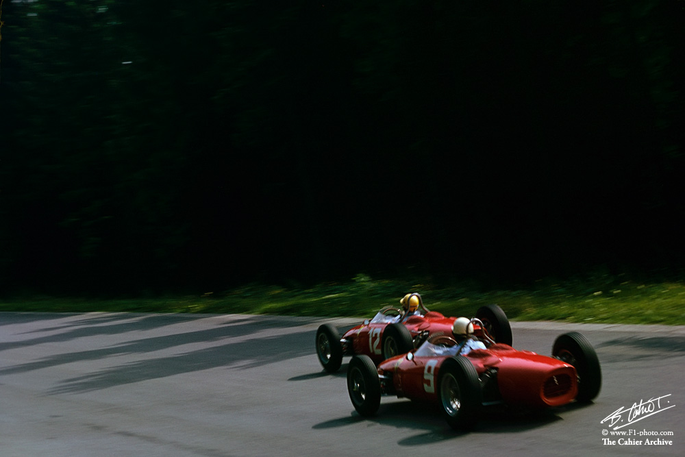 Remembering young and super fast Ricardo Rodriguez, who was tragically killed on his homeland in Mexico city on November 1st, 1962. Photo by Bernard Cahier: Ricardo battling with Phil Hill in Spa 1962, both driving Sharknose Ferrari.