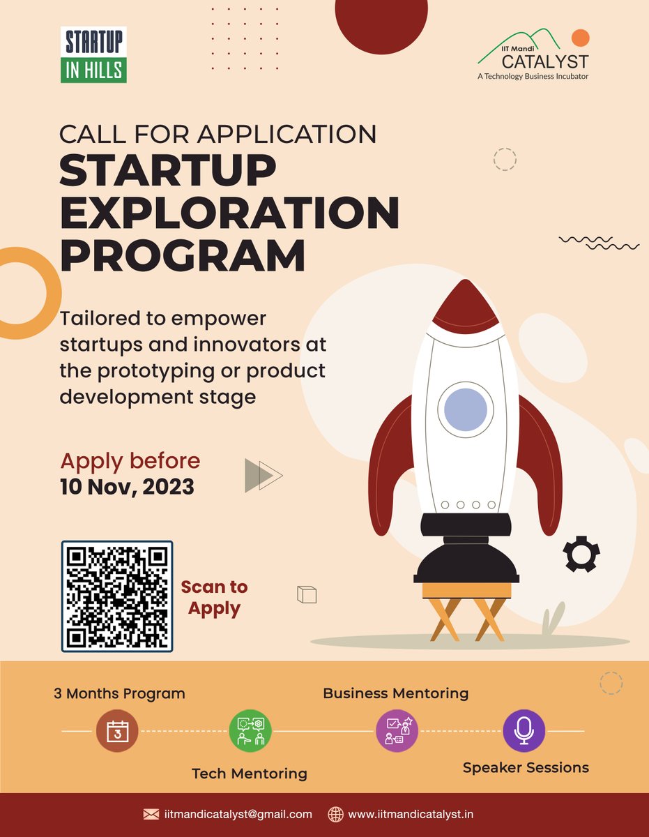 #CallForApplication #StartupExplorationProgram
🚀  IIT Mandi Catalyst is pleased to invite applications for the Startup Exploration Program.
📅 Last date to apply: Nov 10, 2023
To apply for the program, click on the following link: iitmandicatalyst.typeform.com/registerhere