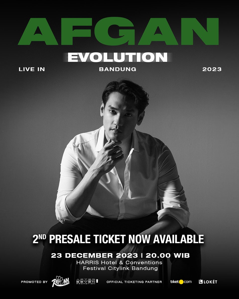 Presale 1 sold out ✅ 
Presale 2 Konser Afgan Evolution Live In Bandung sekarang sudah dibuka!  

📅Sabtu, 23 Desember 2023 
📍Harris Hotel &amp; Conventions Festival Citylink Bandung
