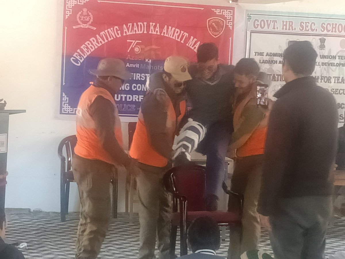 DGP_Ladakh's tweet photo. UTDRF unit, Kargil organized an enlightening awareness program on disaster management at Govt. Hr. Sec School Shakar. This initiative aimed to educate staff members &amp; students about the importance of disaster preparedness. 
Kudos to all involved for promoting safety &amp; knowledge. https://t.co/ZLy67aCIcq