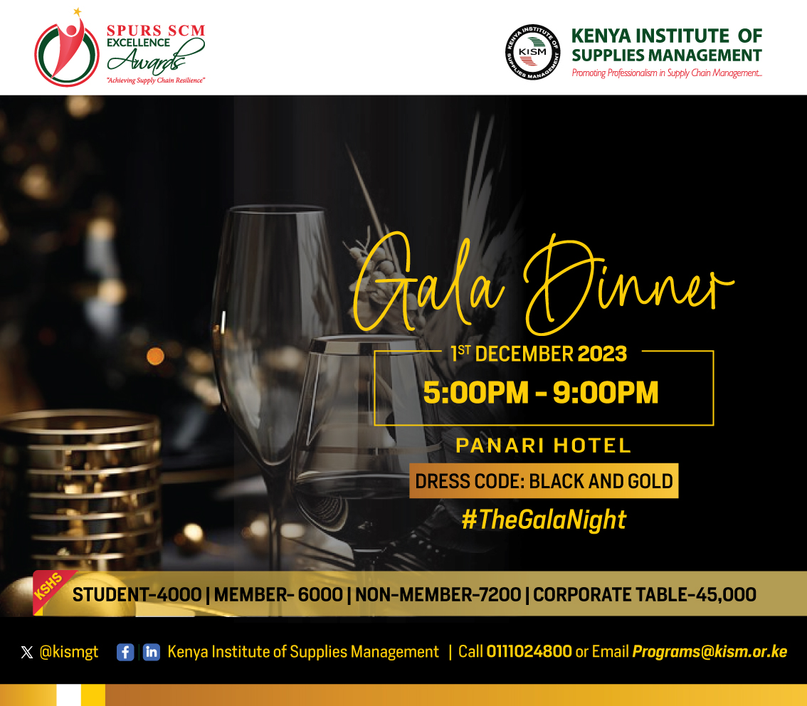 Join us at the End-of-Year Spurs SCM Excellence Awards Gala Dinner on December 1, 2023, at Panari Hotel, 5-9 pm. Network and celebrate award winners. Register at events.kism.or.ke. See poster for details.