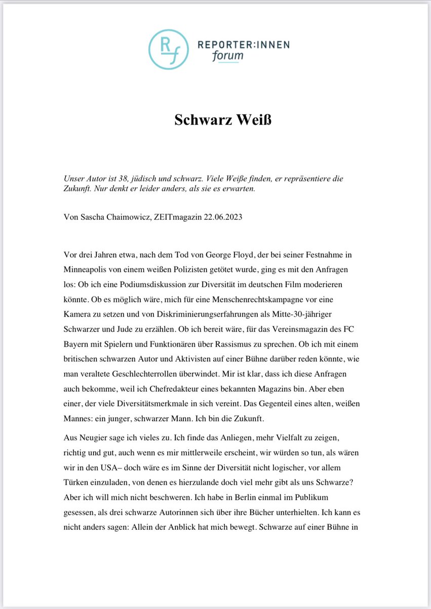 Dieser Text von <a href="/Chaimowicz_S/">Sascha Chaimowicz</a> über das Leben als Schwarzer unter woken Weißen ist für den deutschen #Reporterpreis nominiert. Zu Recht. Leseempfehlung!

Hier der ganze Essay ➡️
reporterpreis.de/upload/sascha-…
