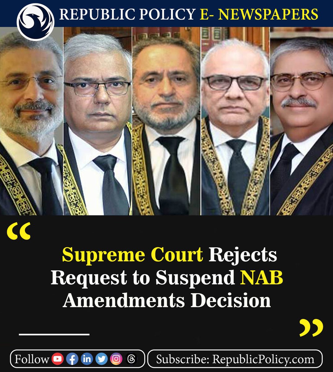 Republic_policy's tweet photo. The Supreme Court of Pakistan made a decision on Tuesday to reject Farooq H. Naik’s request to suspend the ruling concerning NAB amendments.
Read more: https://t.co/pvSIaOu7Fp
#SupremeCourtPakistan #NABAmendments #RejectRequest #JudiciaryMatters #News https://t.co/auvDv7mXsi