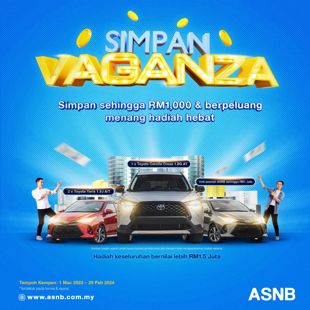 ASNBmy_official's tweet photo. Ikuti 3 langkah mudah untuk sertai kempen Simpan Vaganza dan berpeluang menang hadiah utama kereta Toyota Corolla Cross.
Kempen Fasa 3 sudah bermula dari 1 Nov 2023 - 29 Feb 2024. Simpan sekarang, kemudian senang.
Info lanjut: https://t.co/LPyrKWEfay
#SimpanVaganza
#ASB #ASB2 https://t.co/oyZIxcDnrU