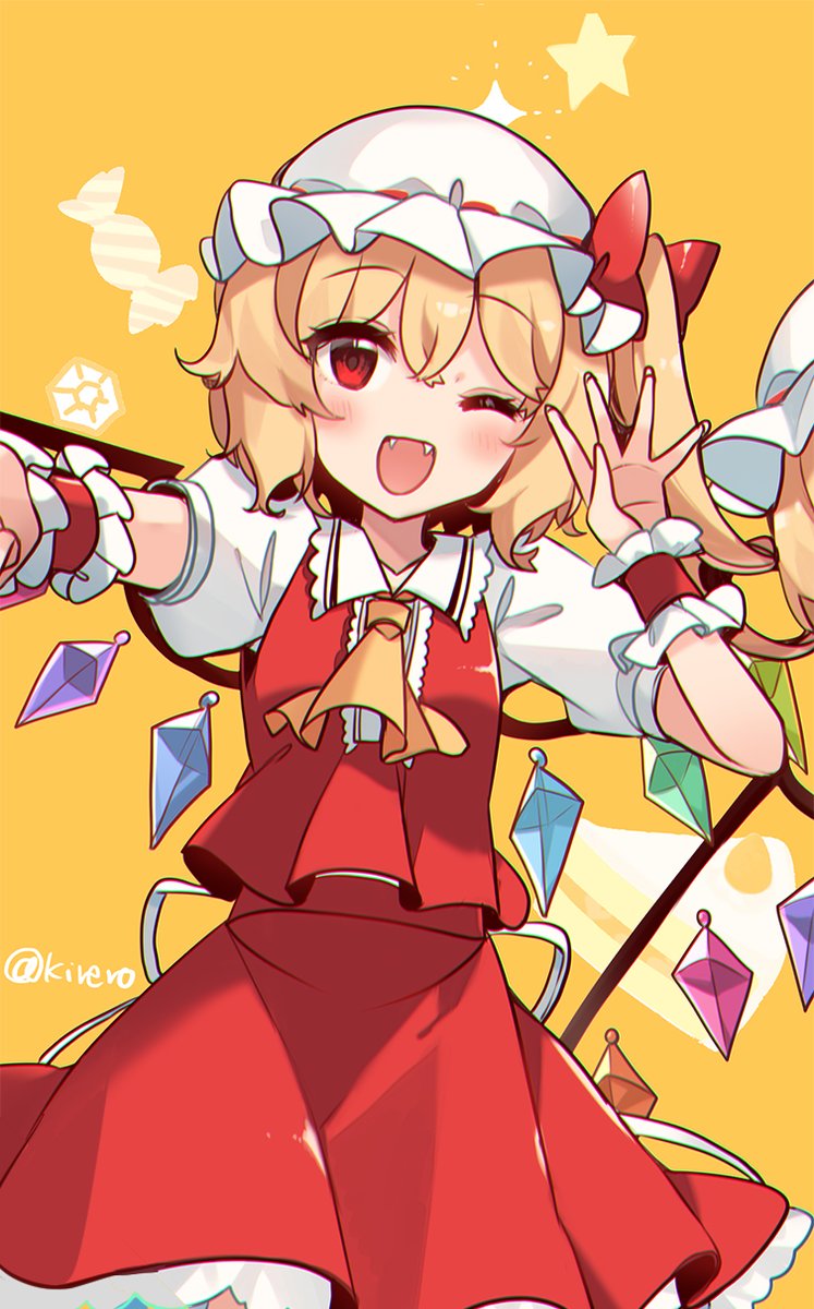flandre scarlet 1girl one eye closed hat solo wings blonde hair red eyes  illustration images